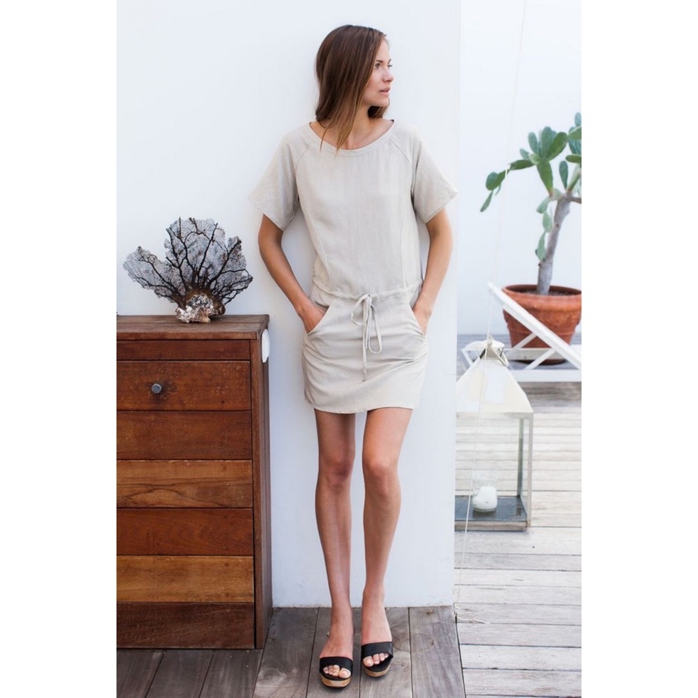 Emerson Fry Dress Drawstring Shift Short Sleeved Mini Summer Capsule Tan Size XS
